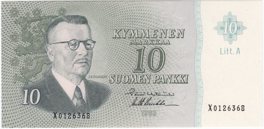 10 Markkaa 1963 Litt.A X0126368 UNC
